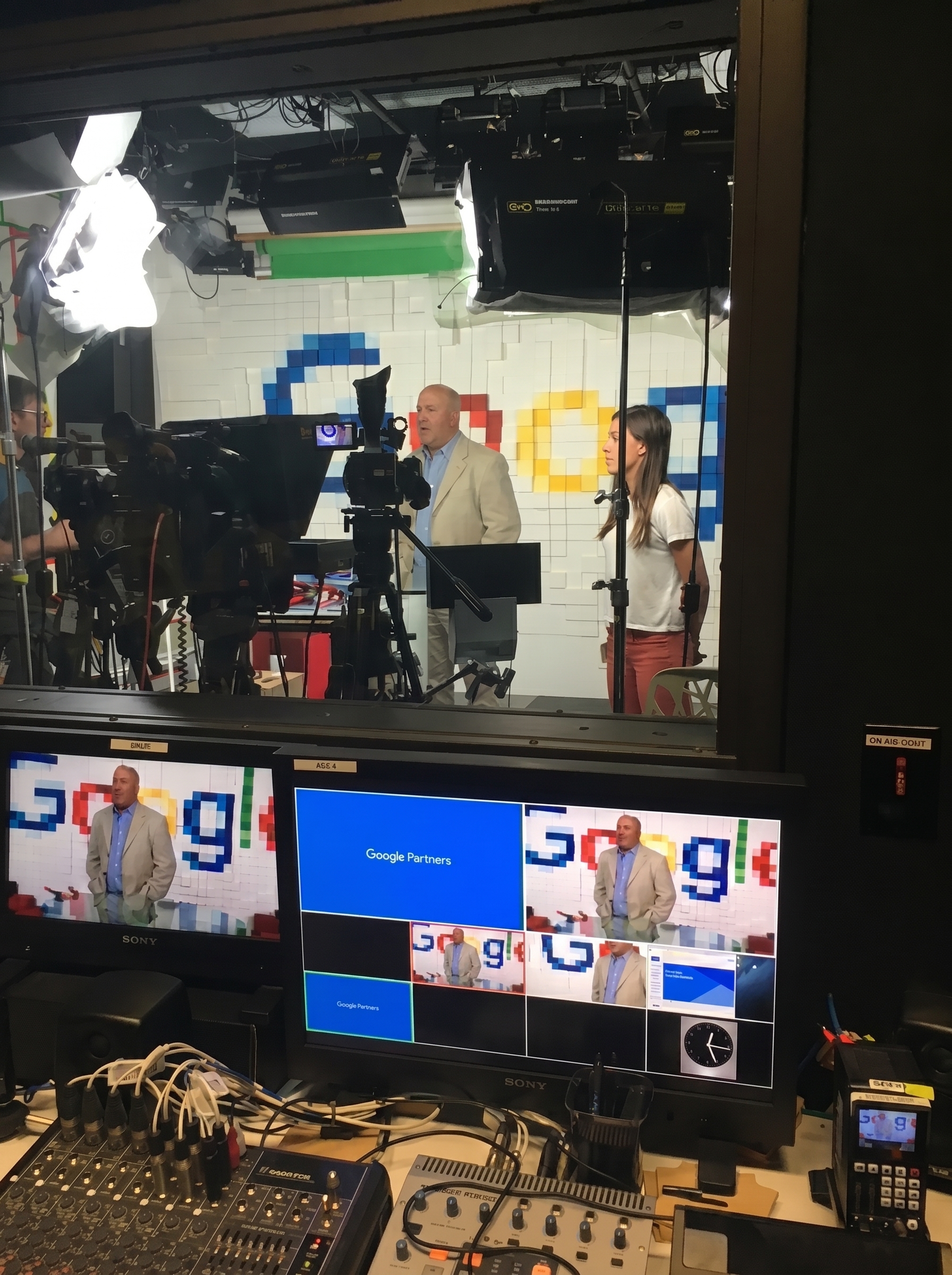 Bruce Gordon lecturing at Google HQ — multi-camera broadcast production with Google Partners branding on monitor